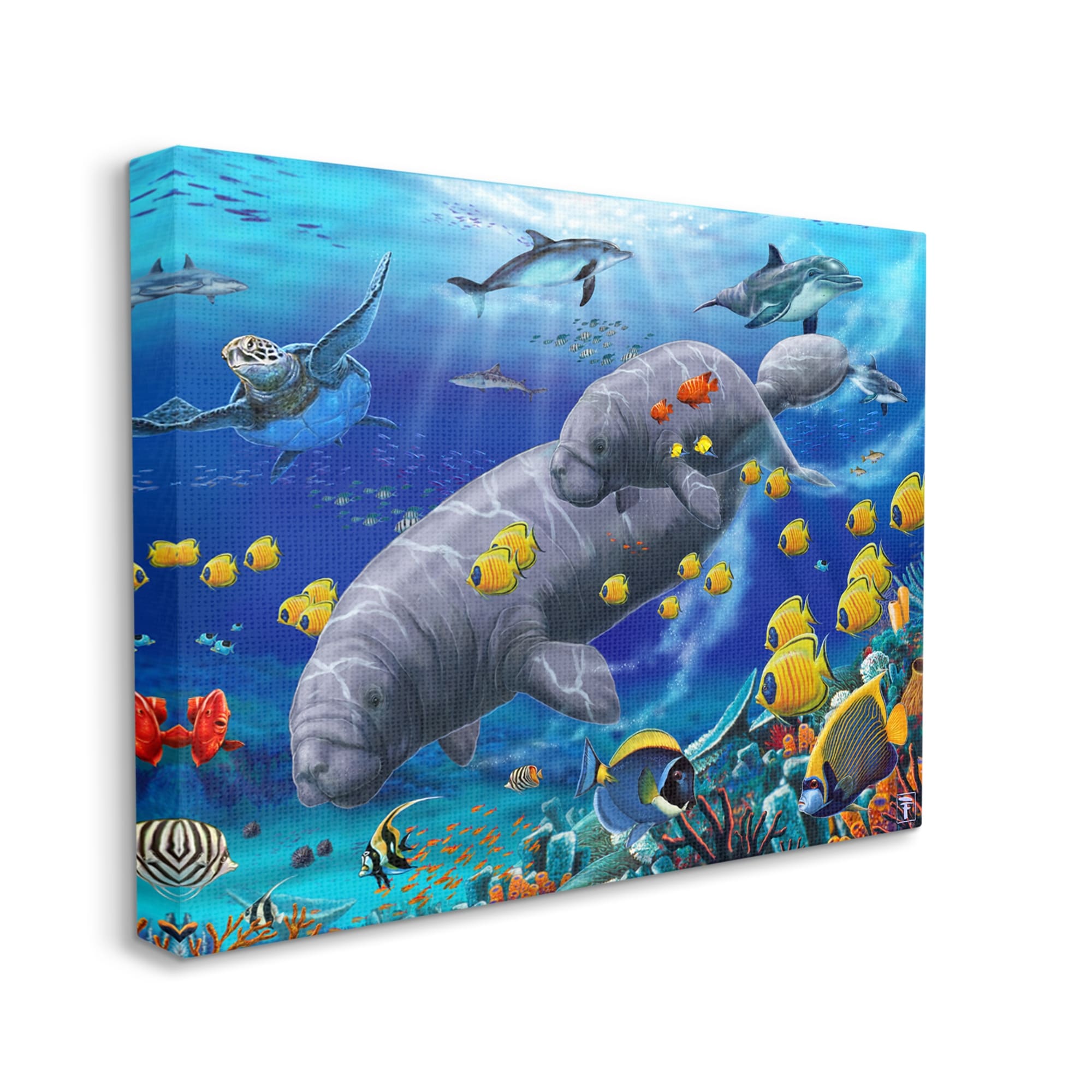 Stupell Industries Manatees & Fish Swimming Coastal Painting Gallery Wrapped Canvas Print Wall Art
