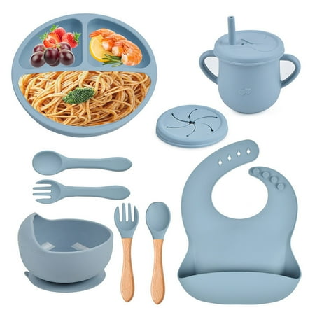 

Silicone Baby Feeding Set 9 Piece Baby Led Weaning Utensils Set Includes Suction Bowl and Plate Baby Spoon and Fork Sippy Cup with Straw Baby Feeding Supplies Set Blue