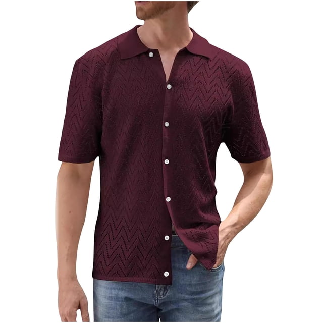 Chemises pour Hommes, Mode Décontractée Tricotée Couleur Unie Manches Courtes Col Rabattu Blouse Chemise