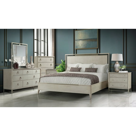 Mantalia Solid Wood Bedroom Set with Metal Frame, King Bed, Dresser, Mirror, 2 Nightstands, and Chest, Champagne