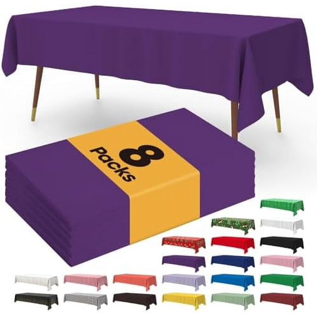 Plastic Table Cloth Disposable - 8 Packs, Table Cloth for Retangle Table, 54"x108" Decorative Tablecloth for Parties, Picnics, Camping, Waterproof & Stain-Resistant, Purple Purple 54" X 108" Rectangle