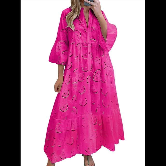 Vestido Bohemio con Cuello en V, Mangas Acampanadas y Bordado de Encaje para Mujer (2025) Rosa Roja M