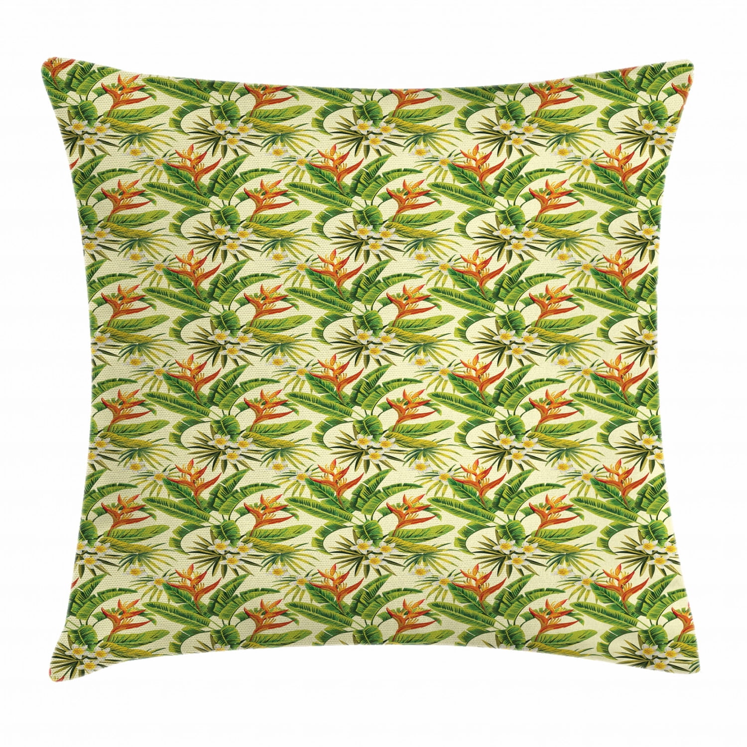 Tropical Throw Pillow Cushion Cover, Exotic Plumeria Flowers and Palm Tree Leaves on Cream