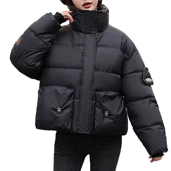 Lovskoo 2024 Womens Winter Coats Stand Collar Quilted Jacket Long Sleeve Overcomes Cotton Padded Coat Outerwear Black