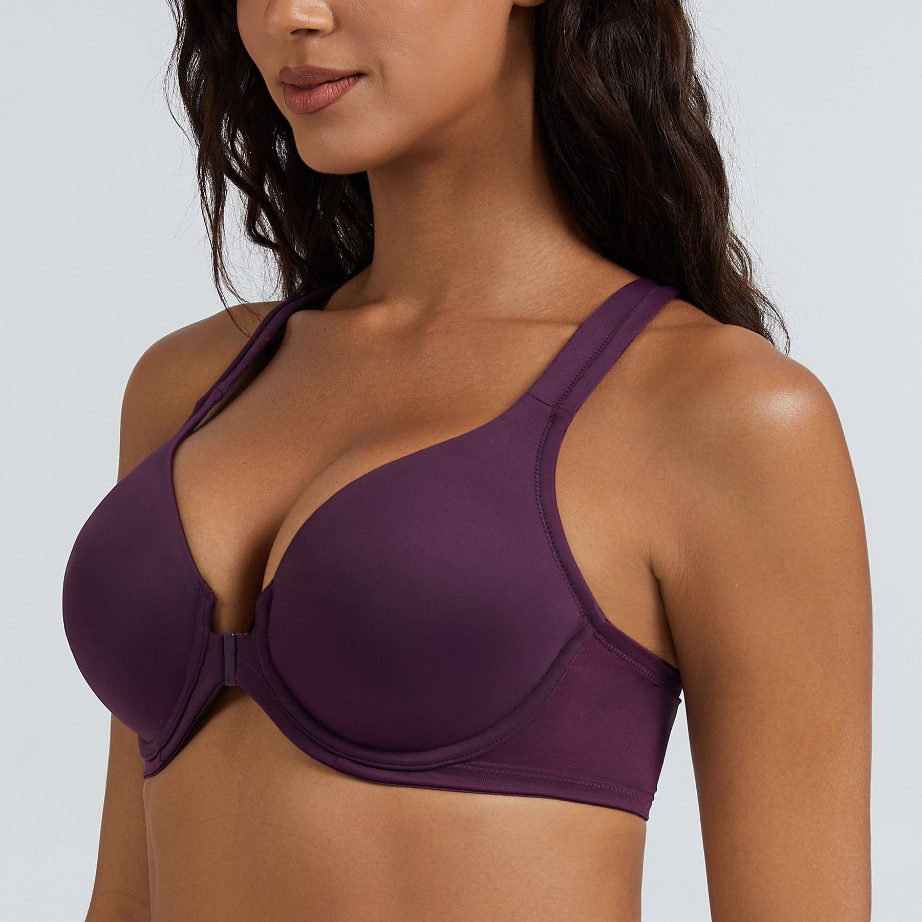 MELENECA Women's Racerback Front Closure Bras Plunge Unlined Full Coverage Seamless Underwire Bra Grape Wine 40DD