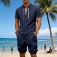 thumbnail image 4 of Eryao Big and Tall Men's Beach Sets 2 Piece Short Sleeve Lace V Neck Shirts Matching Athletic Shorts with Pockets Summer Vacation Lounge Outfits,Navy,M, 4 of 9