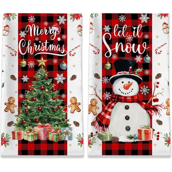 Christmas Kitchen Towels, Merry Christmas Tree Towels Set of 2, Farmhouse Snowman Let It Snow Dish Hand Towels with Red Black Buffalo Plaid, Winter Decorations for Home, 18x26 Inches