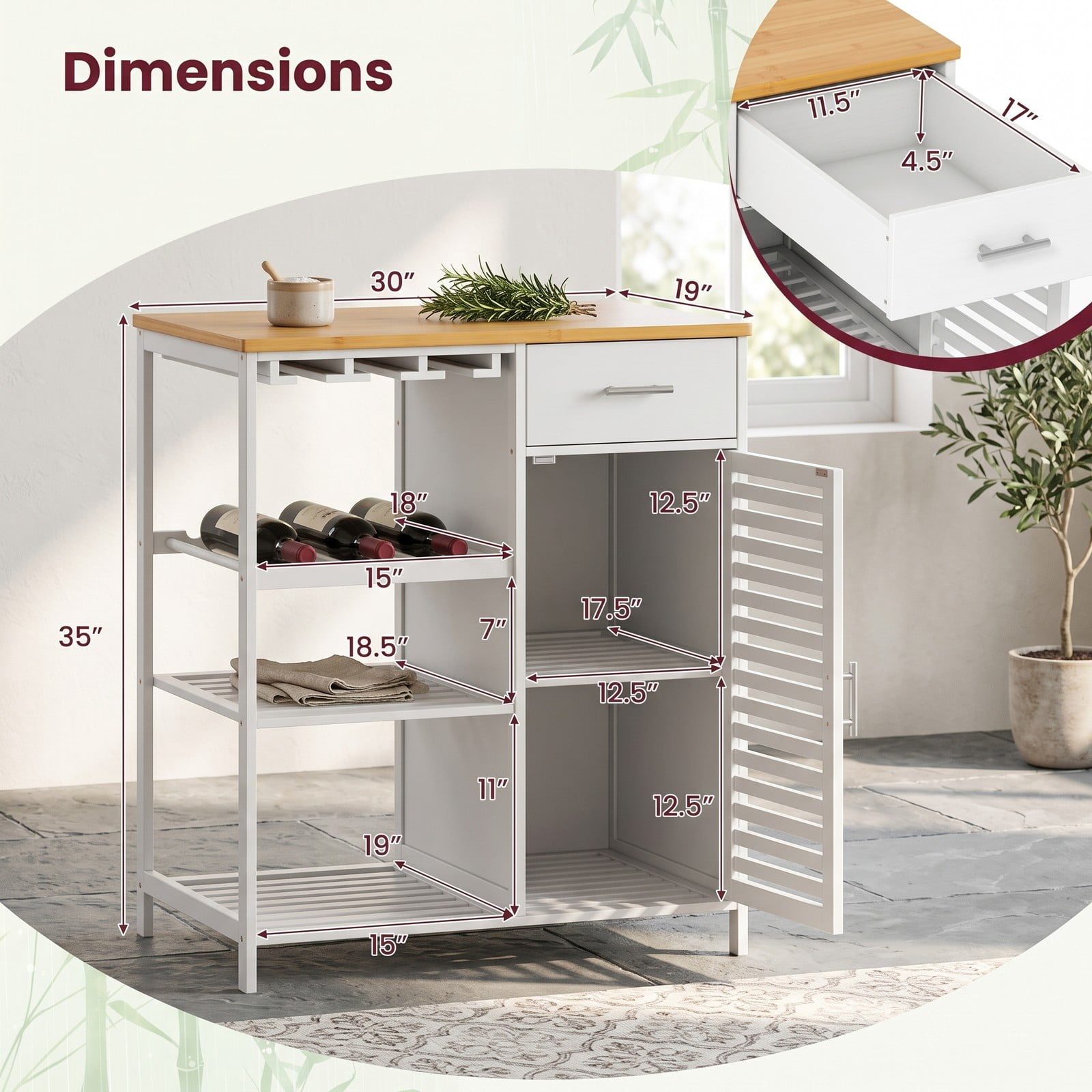 Furnibear Coffee Bar Cabinet with Wine Rack, Glass Holder and Bamboo Top, Farmhouse Buffet Sideboard Storage Cabinet with Drawer and Slatted Shelves for Kitchen, White