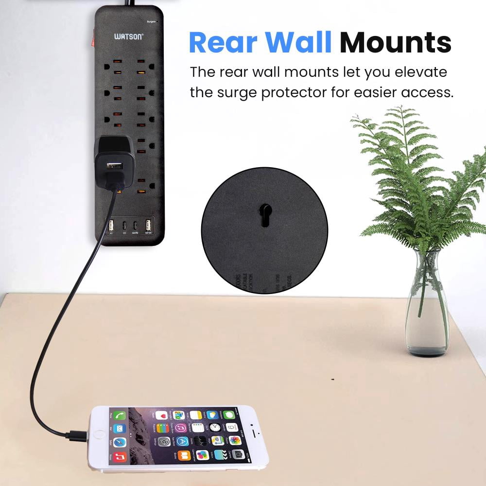 10-Outlet Surge Protector with 2 USB-C & 2 USB-A Ports, 2450 Joules, 6' Cord, LED Indicator – Power Strip for Home and Office Use by Watson(Black)