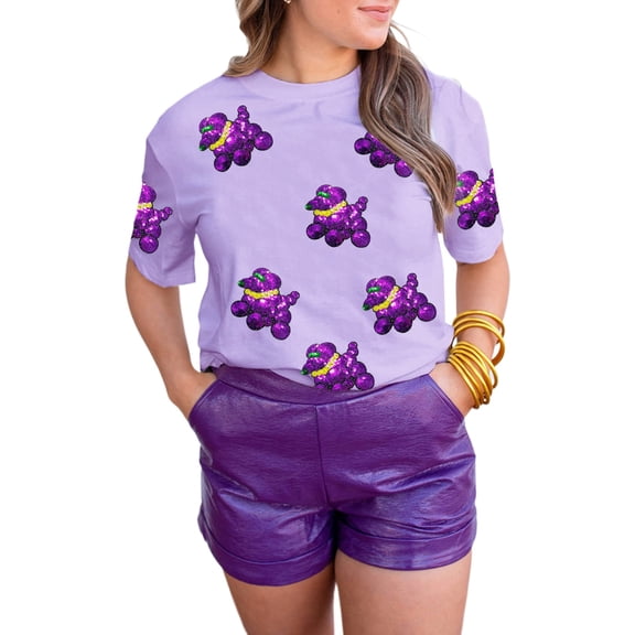 Women's Wisteria Sequin Balloon Puppy Graphic Mardi Gras Tee | [ZhiHiMeRi] | (US 20-22)2XL
