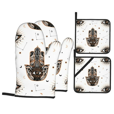 

WARHOOME Oven Mitts and Pot Holders Sets Heat-Resistant Hassam Eye Hand BBQ Glove Oven Mitt Hot Pads Kitchen Cooking Baking Grilling 4Pcs