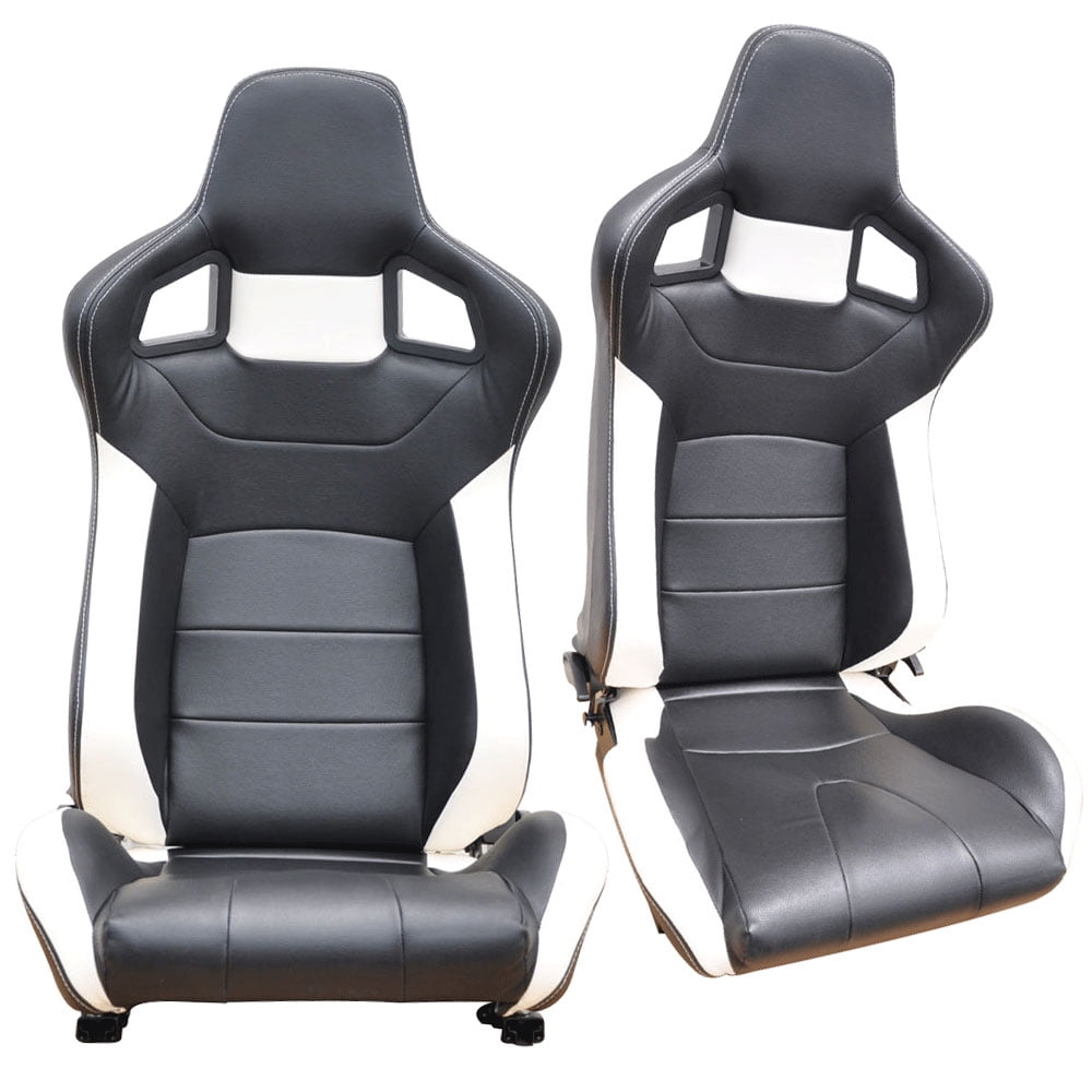 Universal Racing Seats with Dual Sliders IKON MOTORSPORTS Black PU Leather White Stripe Reclinable Left Driver Side 
