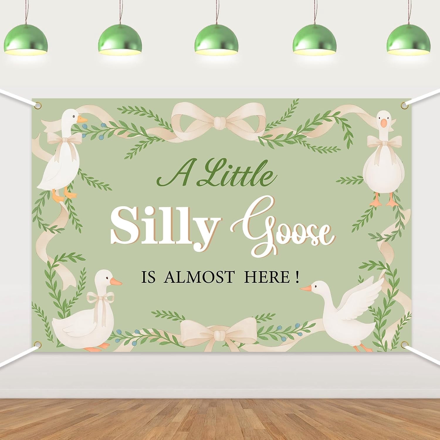 7x5FT Silly Goose Baby Shower Cute Backdrop Decorations Green Bow Little Goose Photography Background Cute Farm Animal Leaves Banner for Boys Girls Baby Shower Gender Reveal Decor Party Supplies