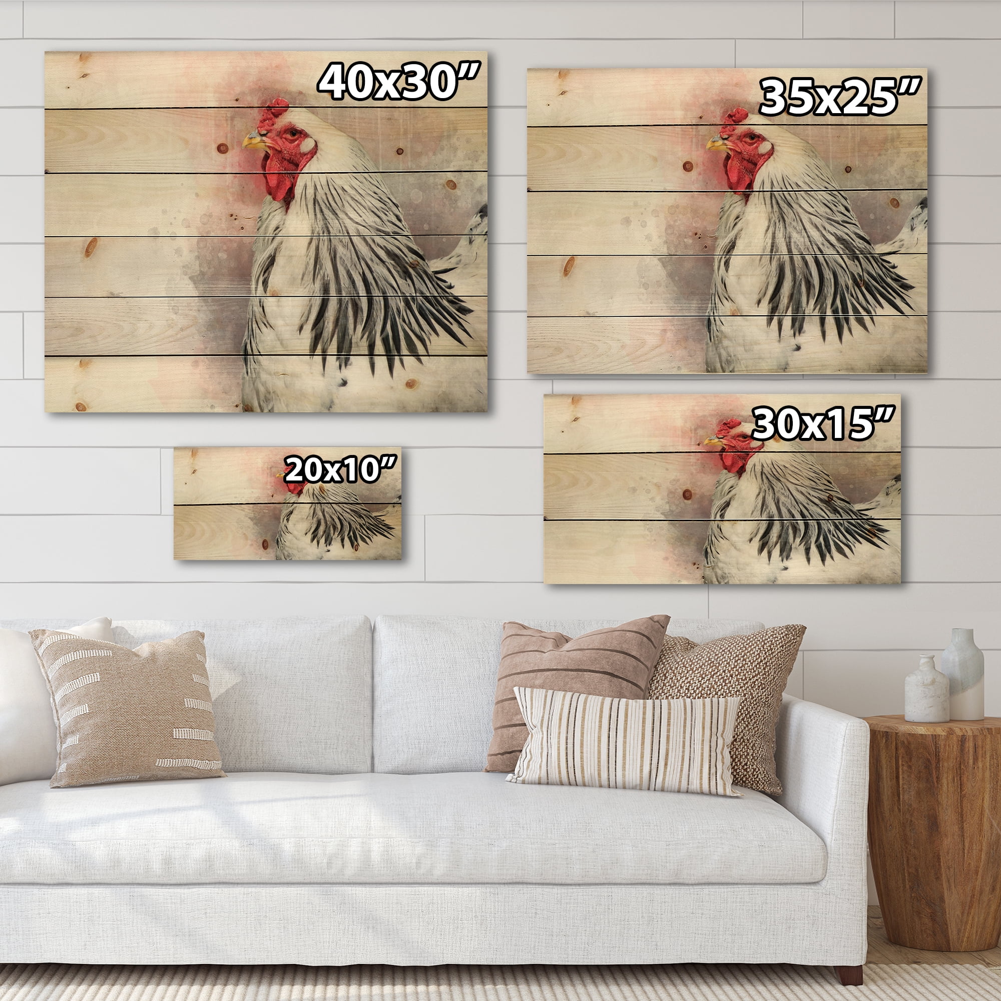 Designart 'Close Up Of White Columbia Brahma Rooster Bird' Traditional Print on Natural Pine Wood