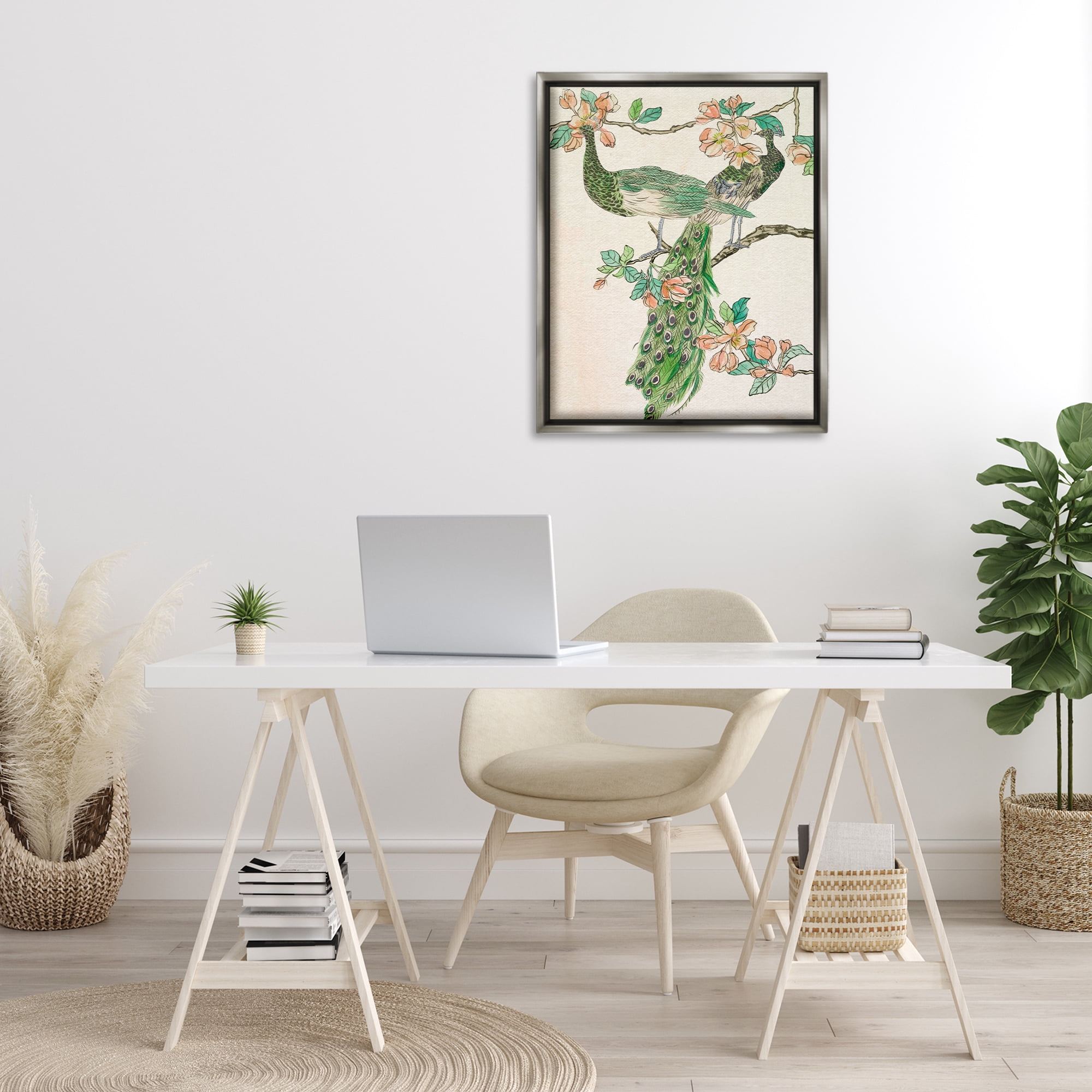 Stupell Industries Peacock & Cherry Blossoms Animals & Insects Painting Gray Floater Framed Canvas Art Print Wall Art, 25 x 31