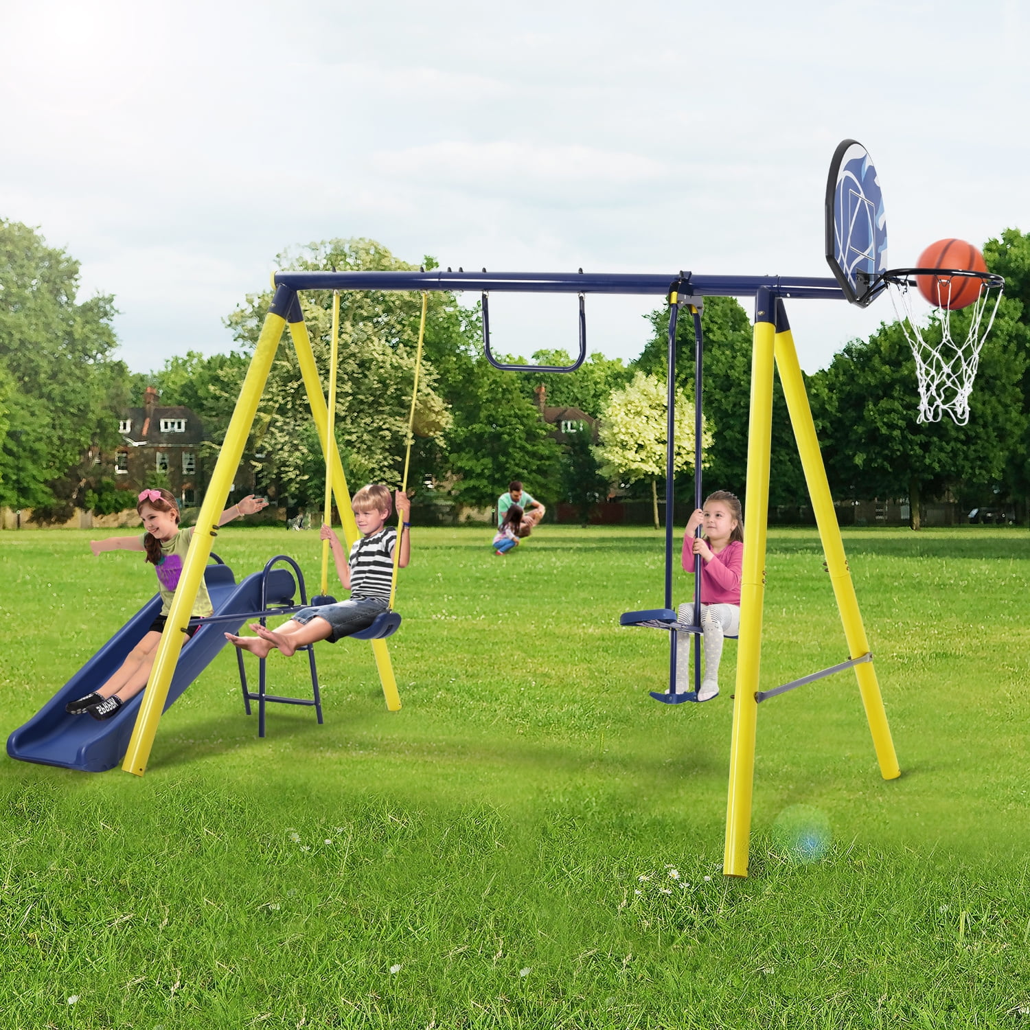 Playground Metal Swing Set Outdoor Play Kids Backyard 4 Seats For Children 3-12 