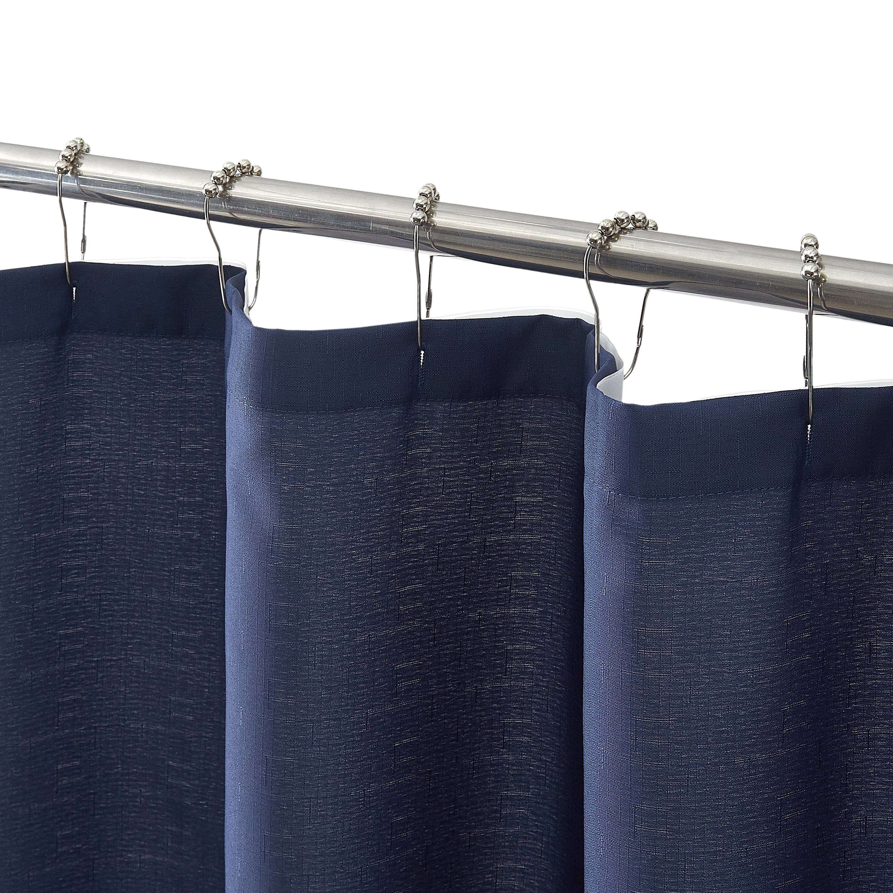 Mainstays Scalloped 14-Piece Blue Fabric Shower Curtain Set with Rollerball Hooks, 72 in x 72 in