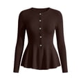 thumbnail image 7 of hotojiny Womens Button down Shirts Trendy Slim Fit Crew Neck Long Sleeve Top Casual Fall Fashion Peplum Blouse(Brown,XX-Large), 7 of 7