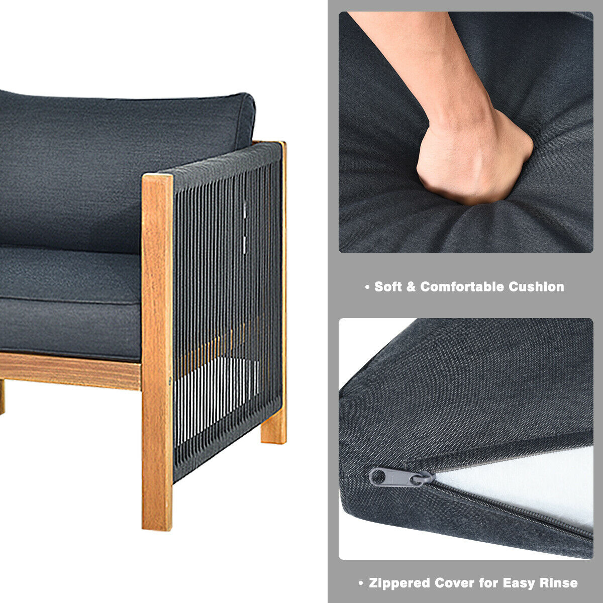 Gymax 8PCS Acacia Wood Outdoor Patio Furniture Set Cushioned Sofa W/Nylon Rope Armrest - image 5 of 9