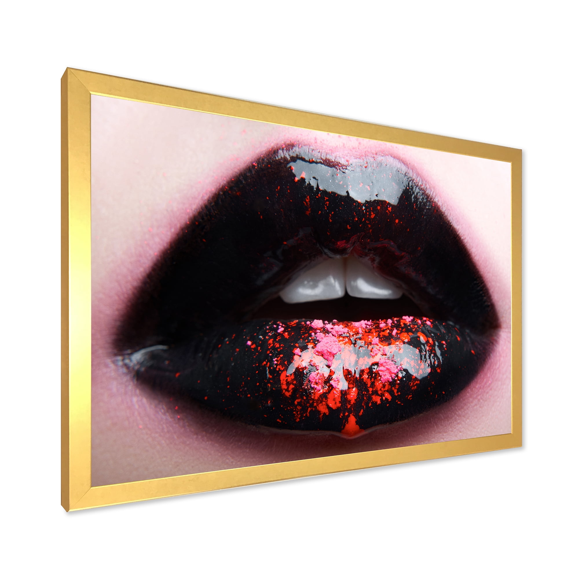 Designart 'Plump Woman Lips With Pink and Black' Modern Framed Art Print