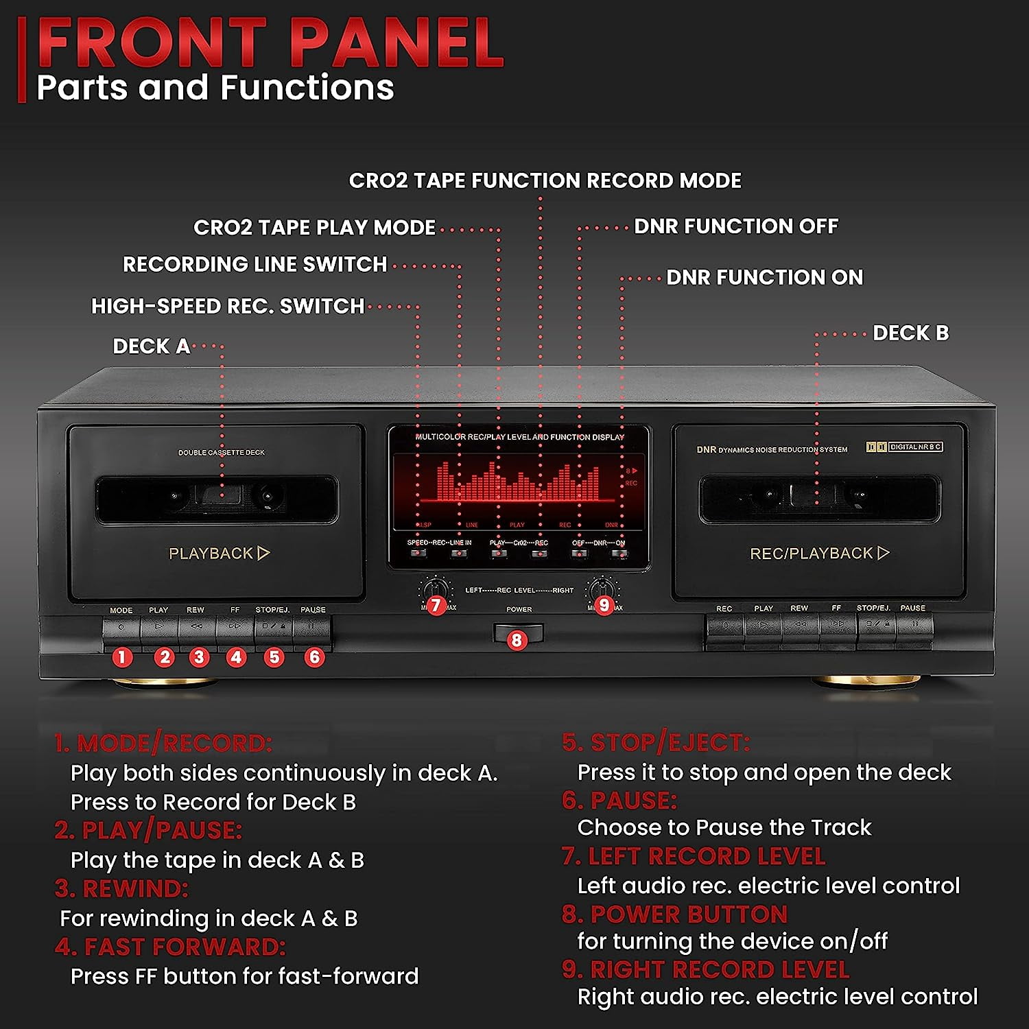 Pyle Dual Cassette Deck Stereo - Excellent Hi-Fi Sound, Compact and Portable Tape Recorder Player with Digital Professional Noise Reducing System and RCA Cables, Record & Play Audio and Music