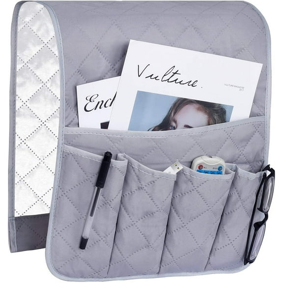 Armchair Armrest Organizer, Sofa Chair Protector Cover, Hanging Pockets Space Saving, Non-Slip Storage Bag for Phone, Book, Magazines, TV Remote, Gray