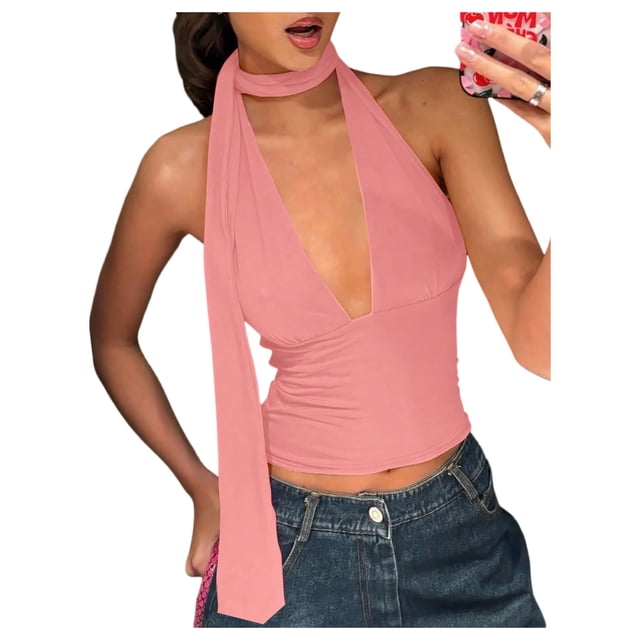 Bufanda halter, top corto SOLY HUX para mujer, cuello en V profundo, rosa