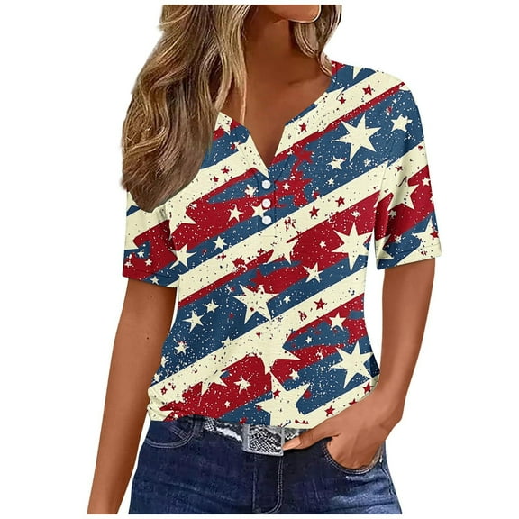 VerPetridure Patriotic Shirts for Women American Flag Shirt 4th of July Short Sleeve V-Neck Graphic Tee USA Star Stripes Tops