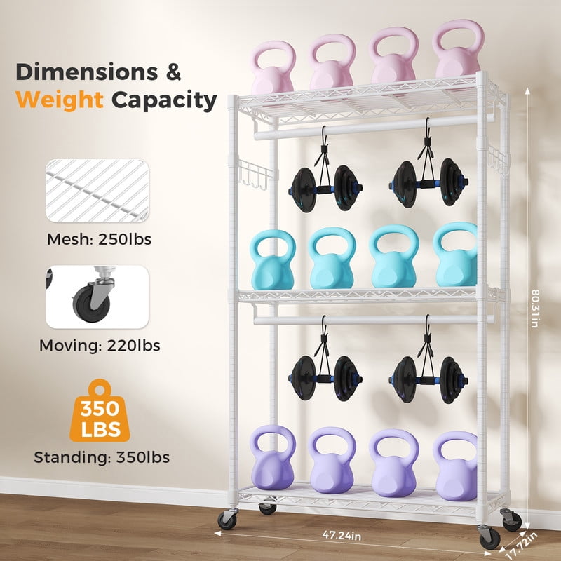 Gianna 45 Inch Rolling Clothes Rack, Adjustable Metal Shelves, Heavy Duty Clothes Rack with Side Hooks for Household, Laundry Room, White