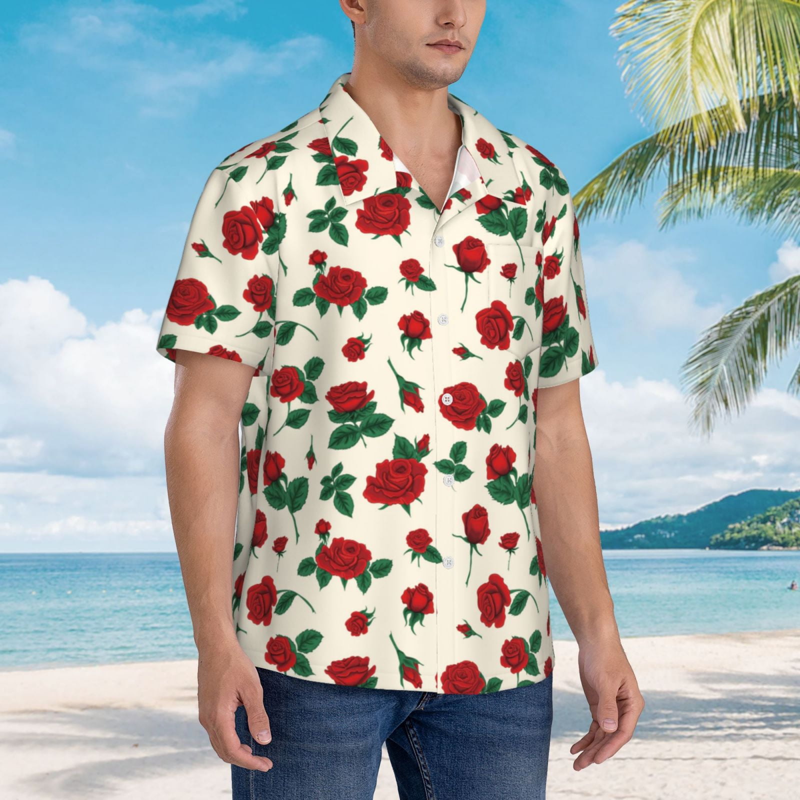 Fotbe Rose Flowers Hawaiian Shirt for Men Unisex Summer Fotbe Rose Flowers Hawaiian Shirt for Men Unisex Summer