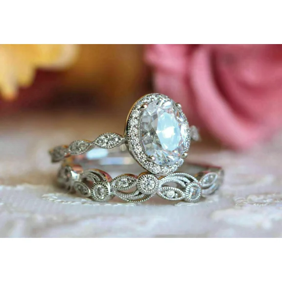 RKC 14K White Gold Plated 2 Ct Marquise Wedding Bridal Ring Set Simulated Diamond