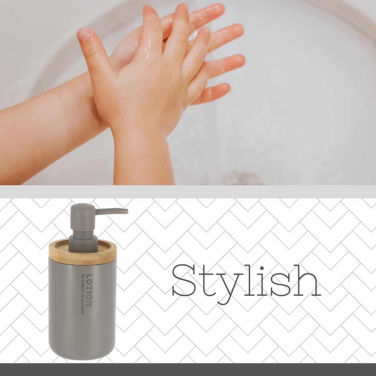 Modern Matte Gray Soap Dispenser with Natural Bamboo Accent - Polyresin Hand Lotion Pump, Contemporary Bathroom Accessory
