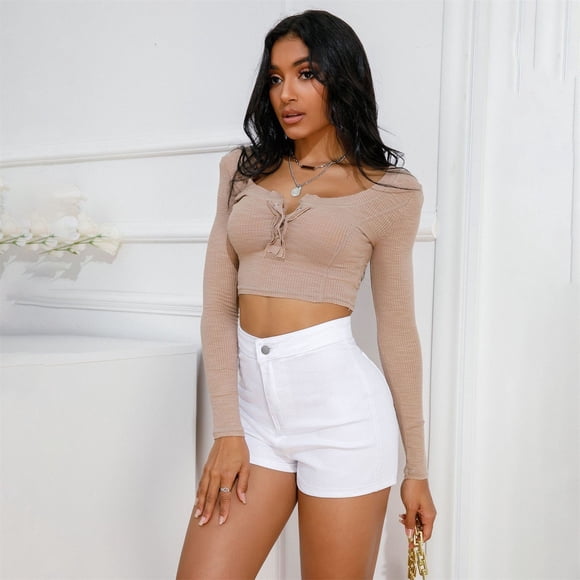 White Shorts for Women Pocket Button High Waist Shorts High Waist Elastic European and American Sexy Ripped Jeans Denim Shorts
