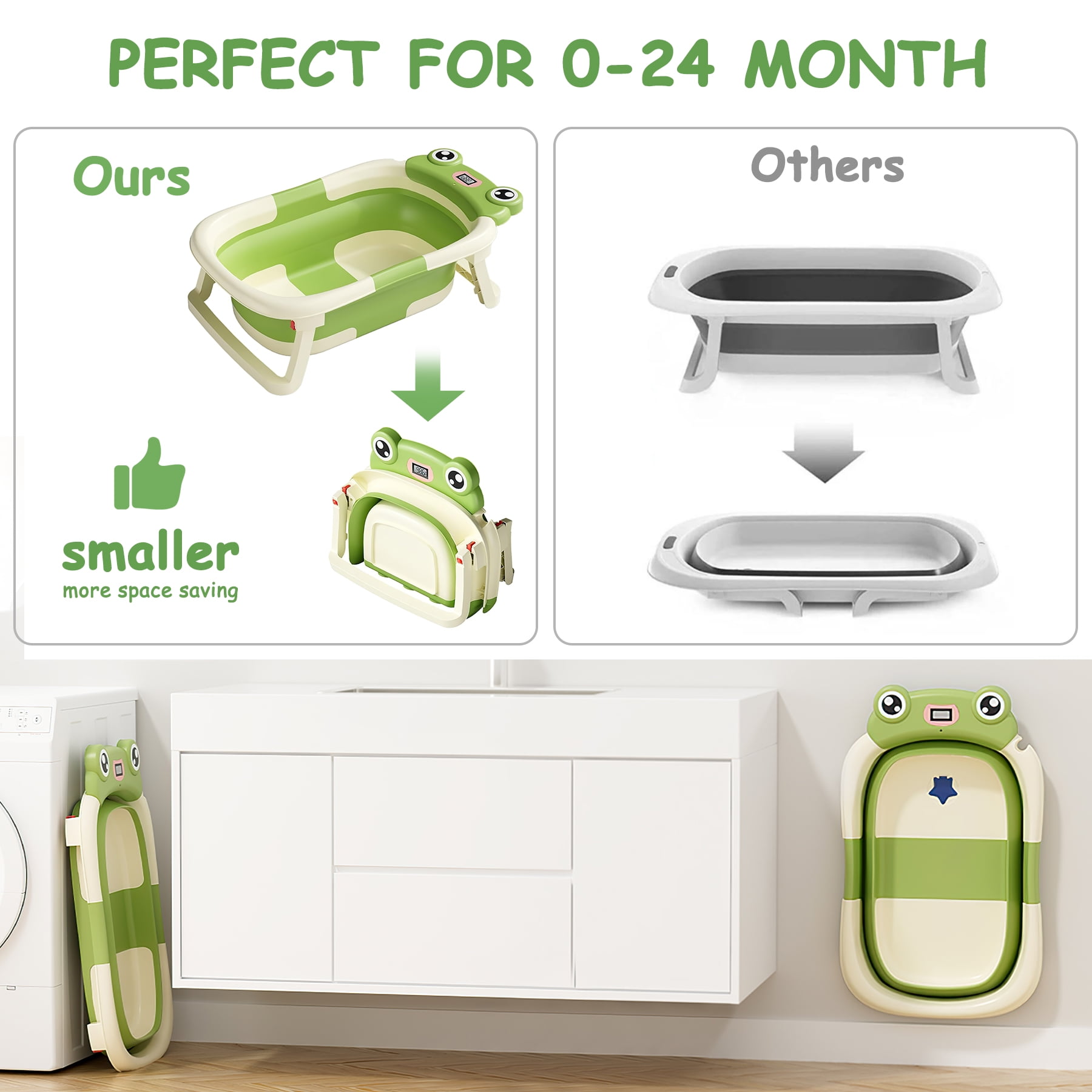 Baby Bathtub, Collapsible Newborn Bathtub for Infant to Toddler 0-12 Months with Soft Cushion+Baby Tub Sling and Thermometer, Portable Travel Bathtub, Foldable Infant Bathtub with No-Slip Feet, Green