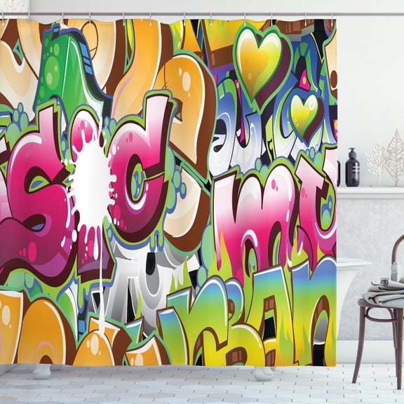Urban Graffiti Shower Curtain, Throwie Style Wall Graffiti of Bubble Letters Partially Overlapping Words, Fabric Bathroom Set with Hooks, 69W X 70L Inches, Multicolor, by Ambesonne