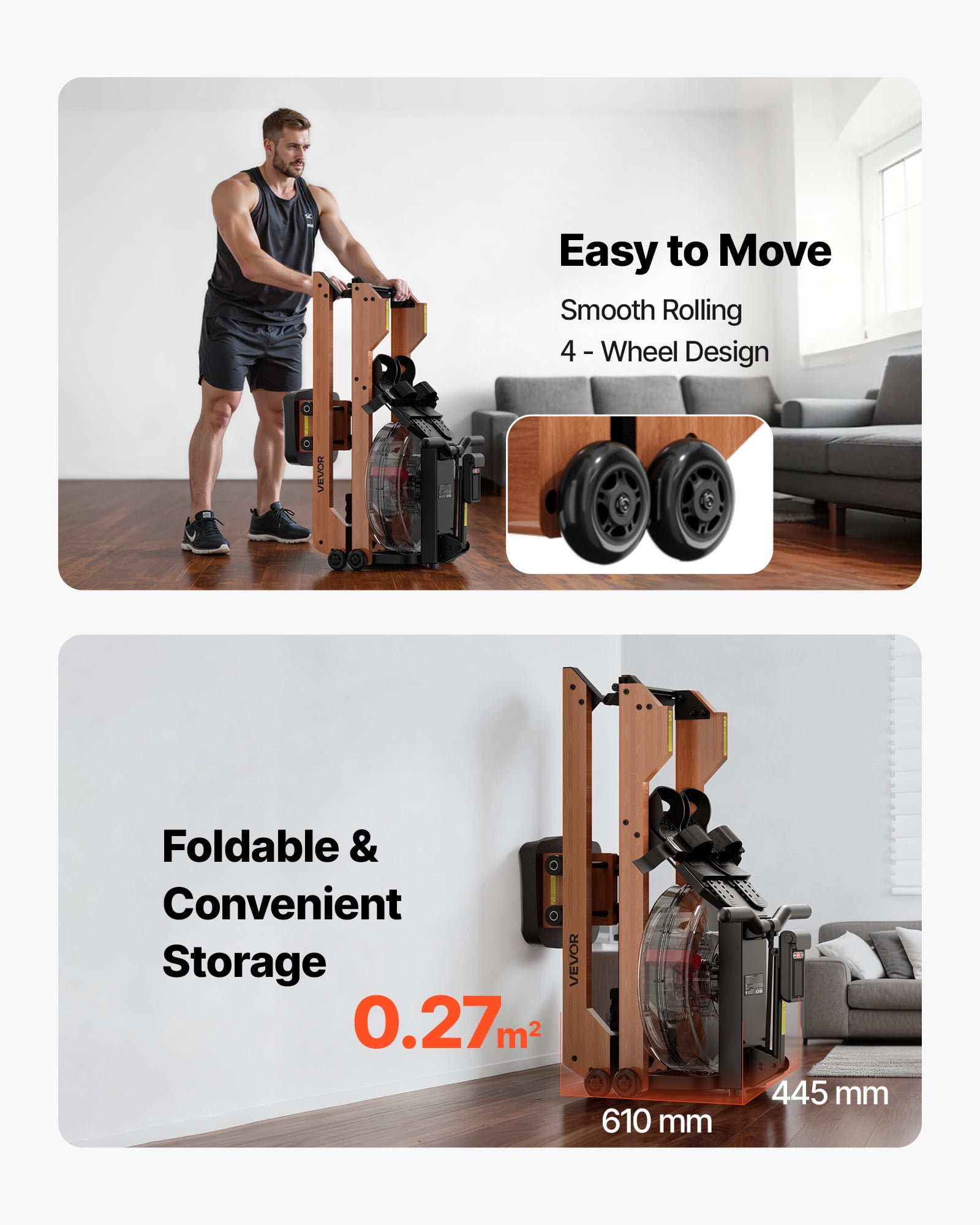 VEVOR Water Rowing Machine, 6-Level Quiet Resistance, Wooden Foldable Rower Machine with 14L Water Tank & LCD Monitor, Bluetooth App Compatible,350LBS Weight Capacity, Immersive Row Machines for Home
