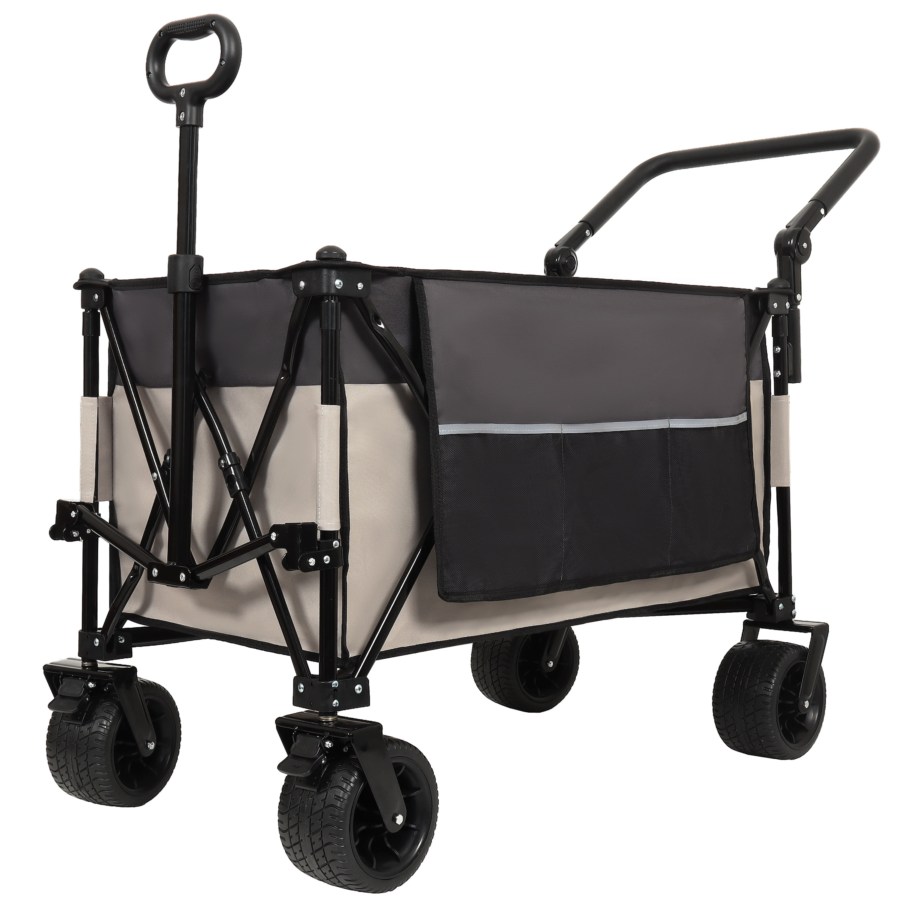 Multi-Functional Push-Pull Folding Wagon Cart with Rotating Handle & 360° All-Terrain Wheels – Heavy-Duty, Adjustable Design, Large Capacity for Transport, Groceries, and Outdoor Use, Khaki- Gray