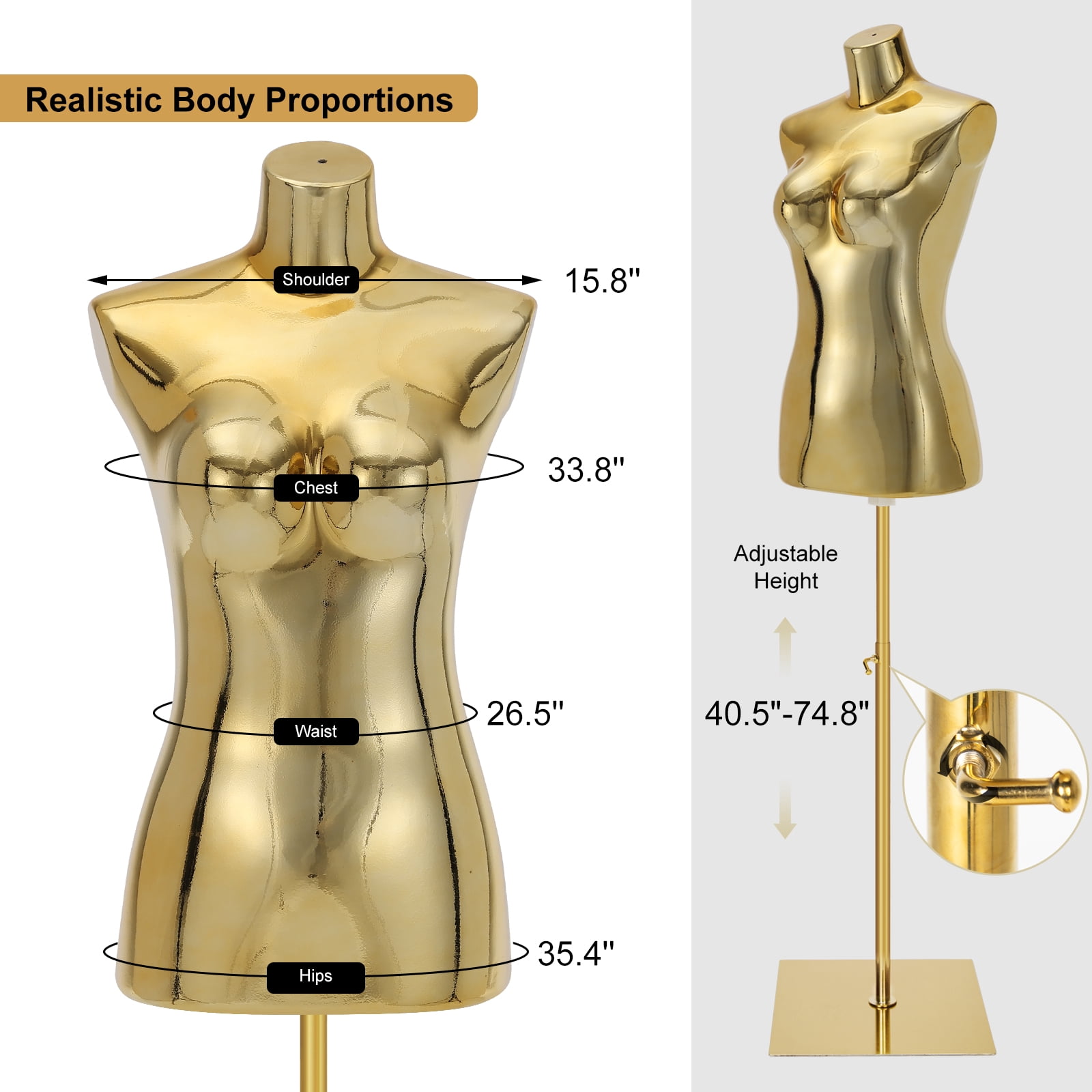 Female Mannequin Dress Form Torso - Manikin Body with Metal Stand Height Adjustable, Display Mannequin Body for Sewing Clothes (40-75Inch, Golden)