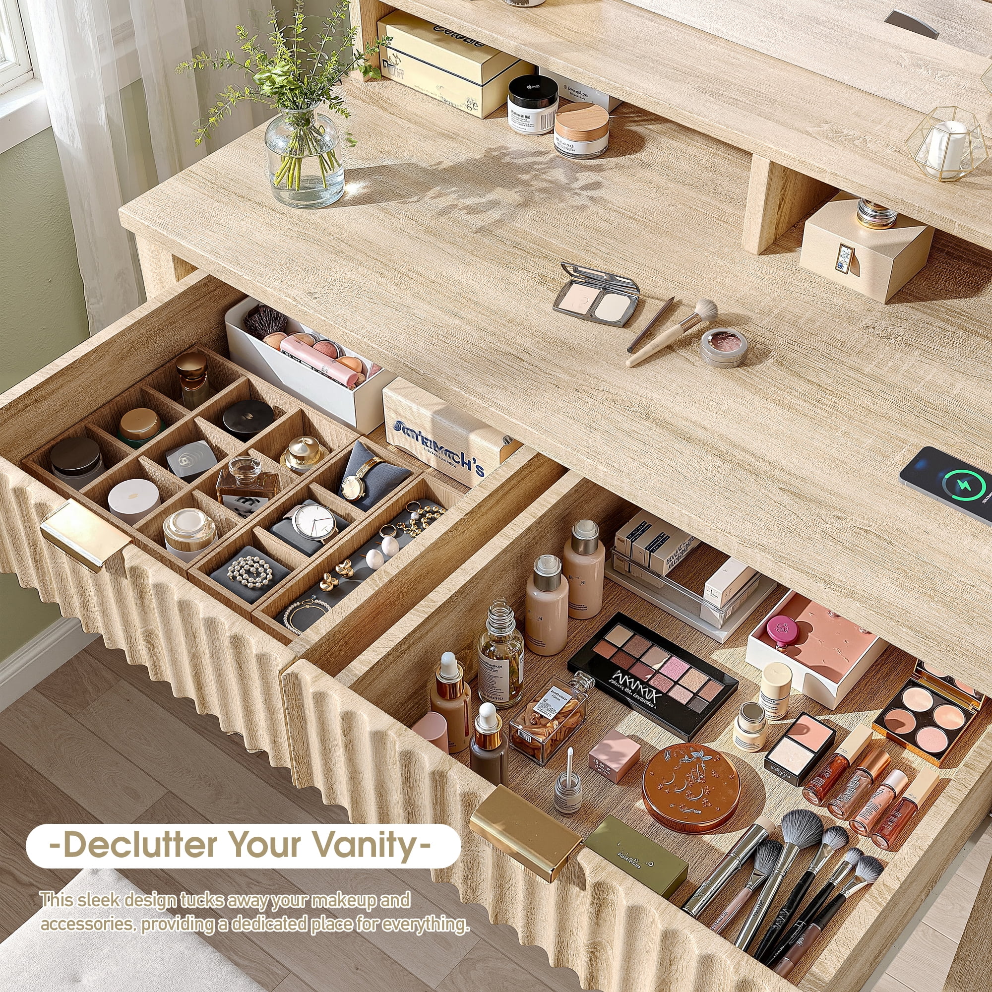 Vanity Desk with Storage Stool Fluted Dressing Table with Mirror and 3-Color Lights Vanity with 2 Large Drawers & Charging Station, Wood Color
