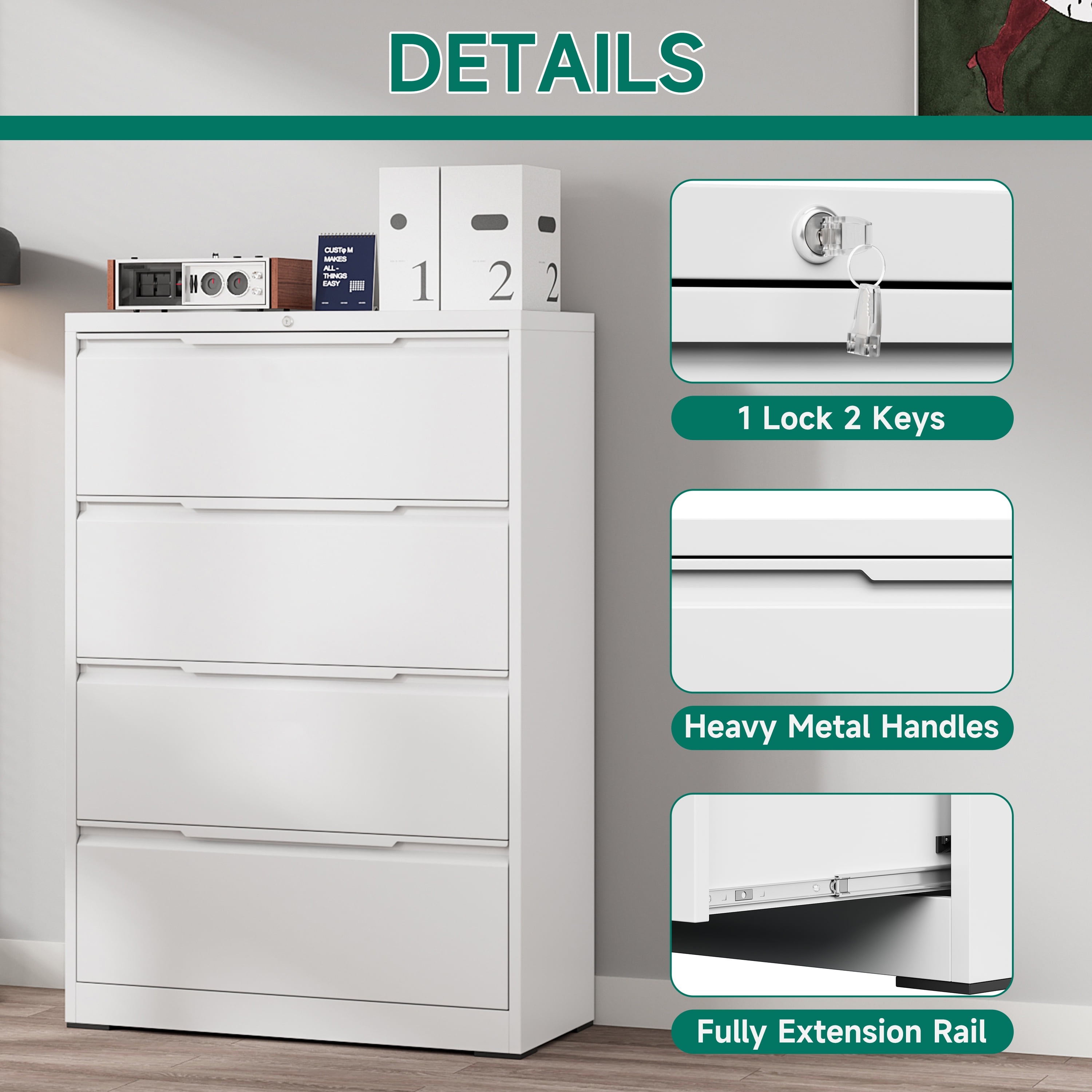 Kooyon 4 Drawer White Lockable Lateral File Cabinet, Metal Home Office Filing Cabinet, Fits A4/Letter/Legal -Assembly Required