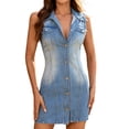 thumbnail image 3 of Vivianyo HD Women's Denim Mini Dress Lapel Sleeveless, Jean Dress for Women Button Front Fitted Bodycon With Chest Flap Pockets , Women's Light Blue, Sizes S-XL, 3 of 7