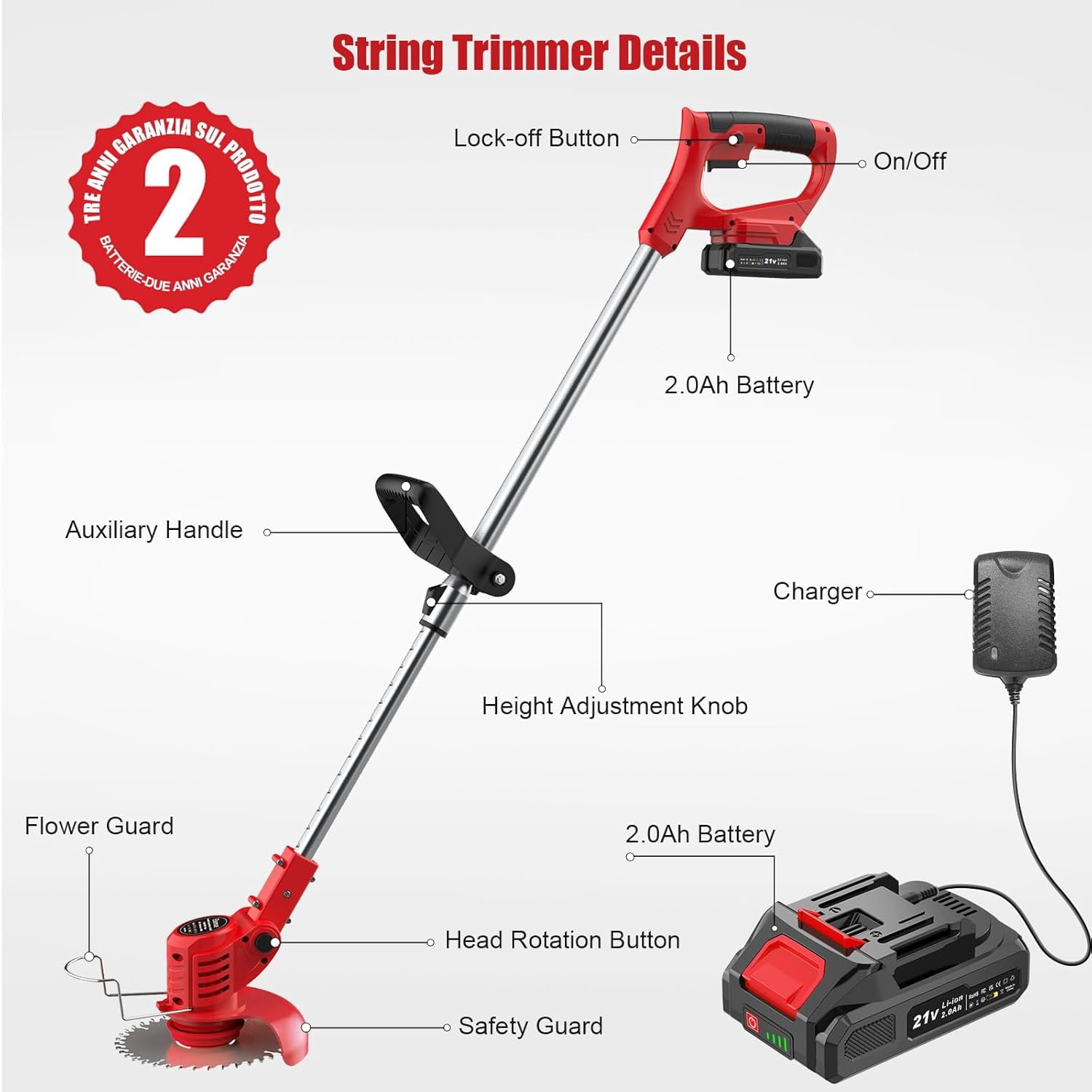 21V Cordless Weed Wacker with 2 Batteries & Metal Blades, Adjustable Pole String Trimmer for Garden Lawn