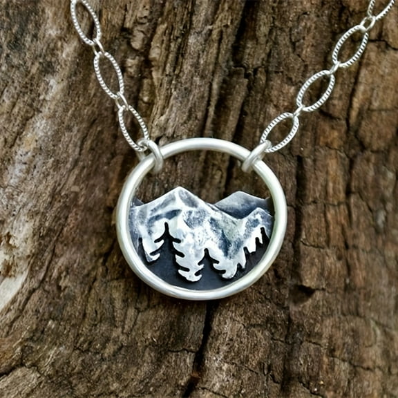 Silvery Vintage Hollow Mountain Tree Pattern Fashion Pendant Necklace Personality Men's Necklace Festival Jewelry Ornament