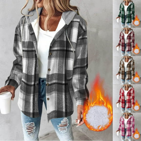 LSLJS Hoodies for Women Winter Warm Fleece Flannel Shirts Casual Loose Button Down Plaid Printed Coats Fall Winter Outfits, S-2XL