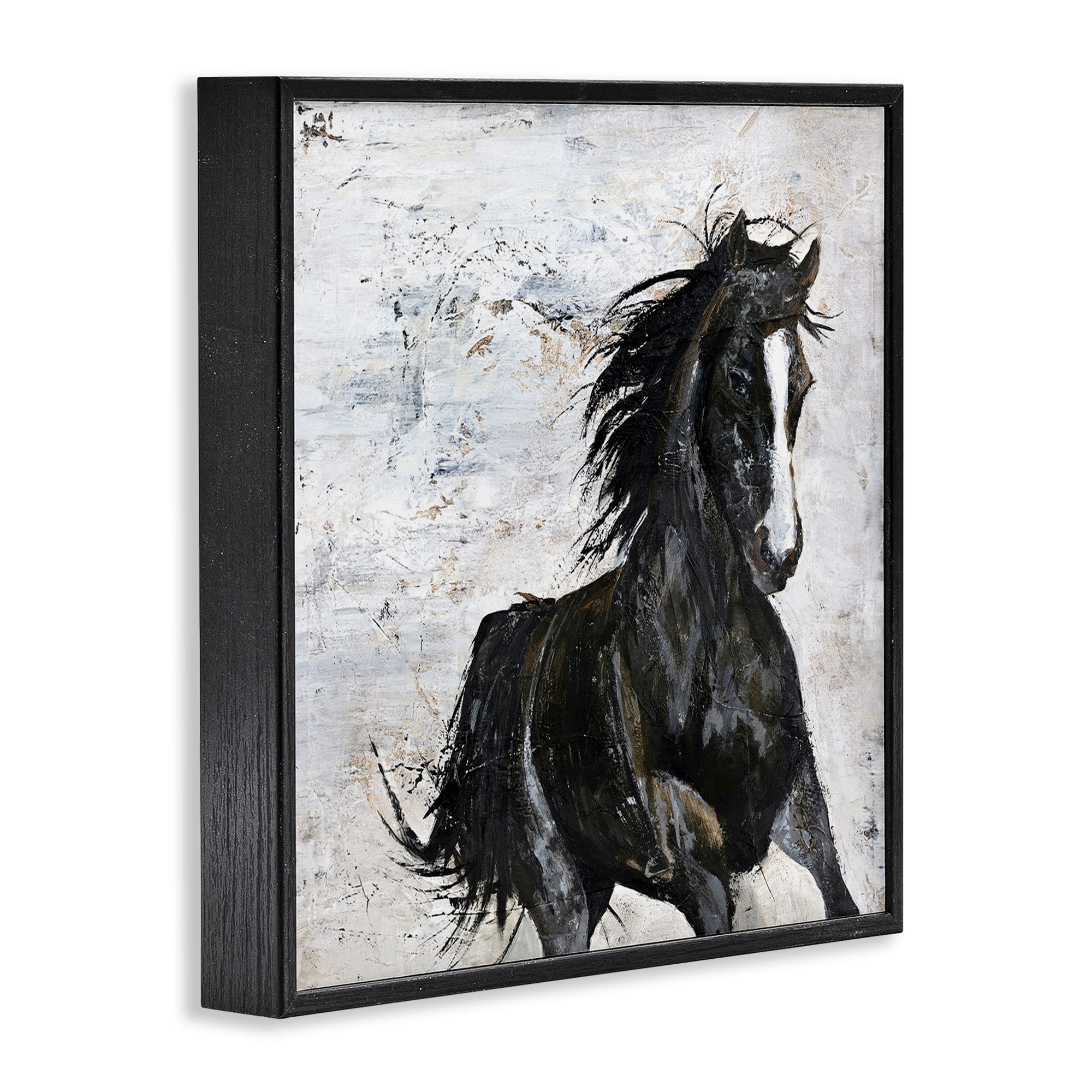 Stupell Industries Wild Black Horse Galloping over Abstract White Black Framed by Design Fabrikken