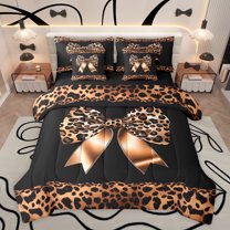 Castle Fairy Girls Pink Ribbon Bow Knot Bedding Comforter Set 7 Pieces,Old Fashion Dreamy Princess Full Bedding Set Lightweight,Animal Cheetah Print Fitted Sheet Flat Sheet,Ultra Soft Home Decor