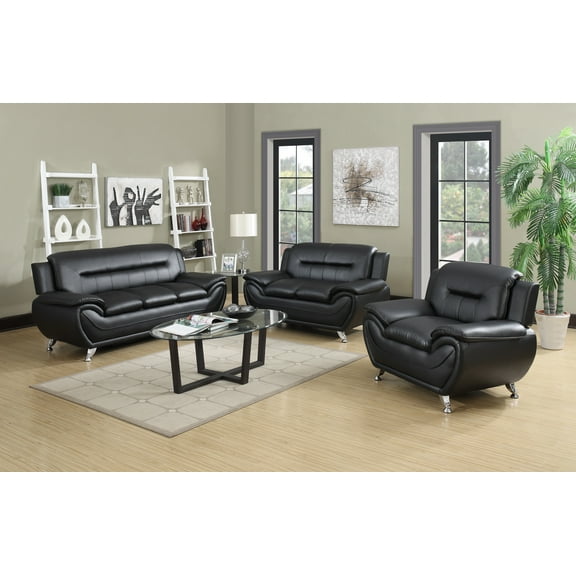 Uspridefurniture Sanuel  3Pcs Faux Leather Living Room Sets, Chair Loveseat Sofa,Black