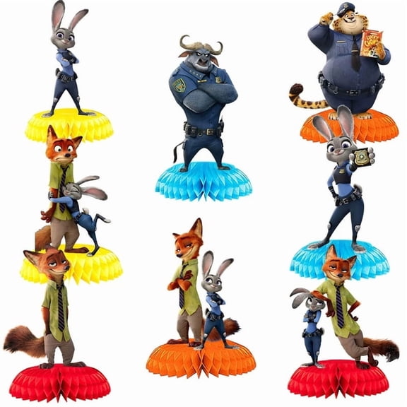 8-piece Zootopia honeycomb centerpiece set, 3D desktop decoration, suitable for birthday anime-themed party decorations, double-sided party favors, photo props.