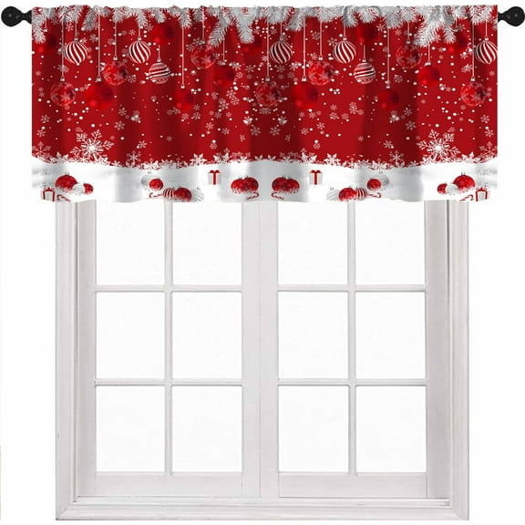 Merry Christmas Valance Curtains, Xmas Ball Winter Snowflakes Glitter New Year Winter Holiday Party Red Window Treatment Valances for Kitchen Living Room Bedroom, 54x18 Inch