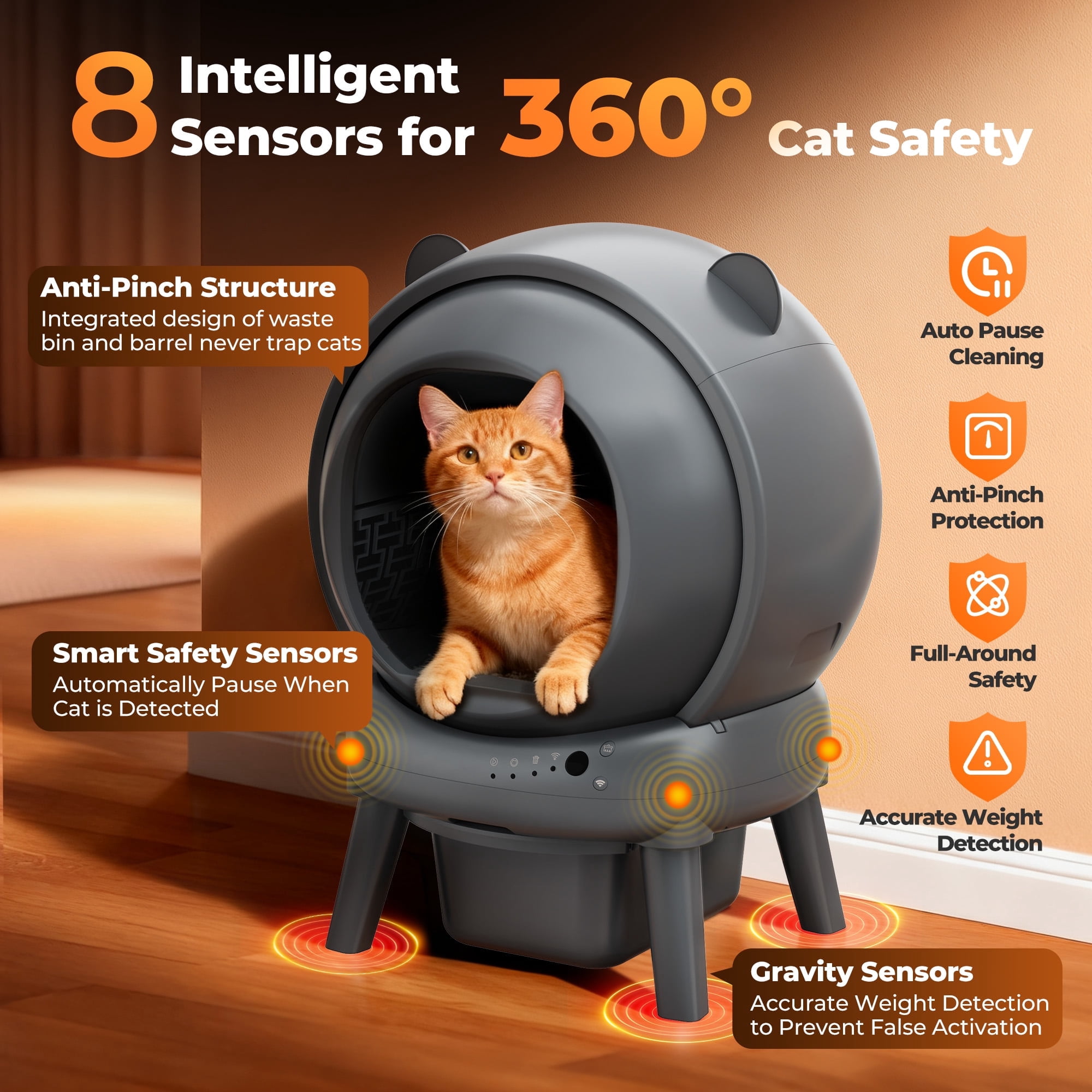 Automatic Self-Cleaning Cat Litter Box, Smart App Control, 8 Sensor Safety Protection, 100L Large Interior, 15L Waste Bin, Low Noise 35dB, for Multi-Cat Homes